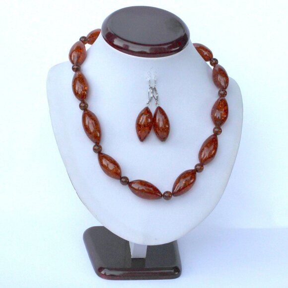 Hand Crafted Jewelry - Vintage Amber Burgundy Color Necklace & Earrings Set, 18 inches
